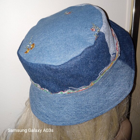 Kantha & Denim Bucket Hat Reversible Green Marigold Red Black Handmade BHAT8. - Picture 8 of 8